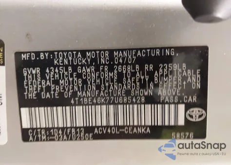 2007 Toyota Camry Le z USA, uszkodzony, nr VIN 4T1BE46K77U685428